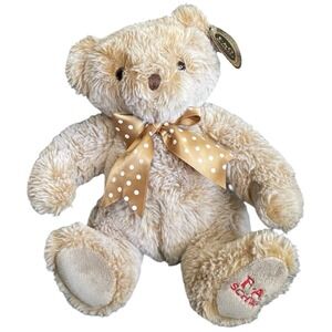 FAO SCHWARZ 9" Tan Teddy Bear Plush Polka Dot Bow NWT Baby Shower Nursery Gift
